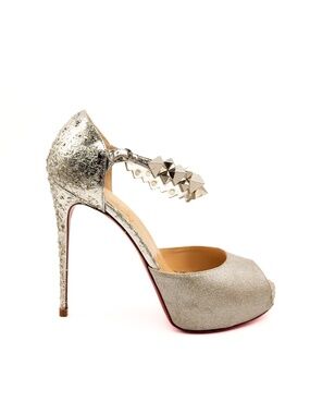 Christian Louboutin Spiked Silver Platform Peep-Toe Heels EU 38